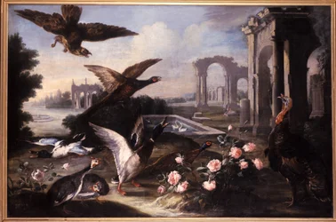 Imaginäre Landschaft mit Ruinen, Falken, Truthähnen und Enten